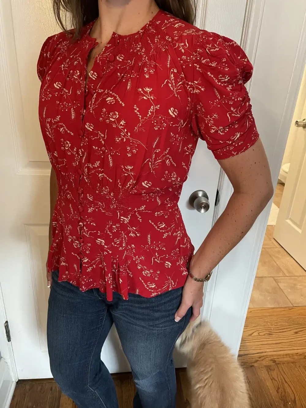 Polo Ralph Lauren Red Floral Puff-Sleeve Peplum Top - Size 12 - Picture 7 of 7